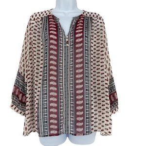 Fun2Fun Women’s  Boho Print Popover Shirt 3/4 Sleeve V-neck Sheer Top NWT